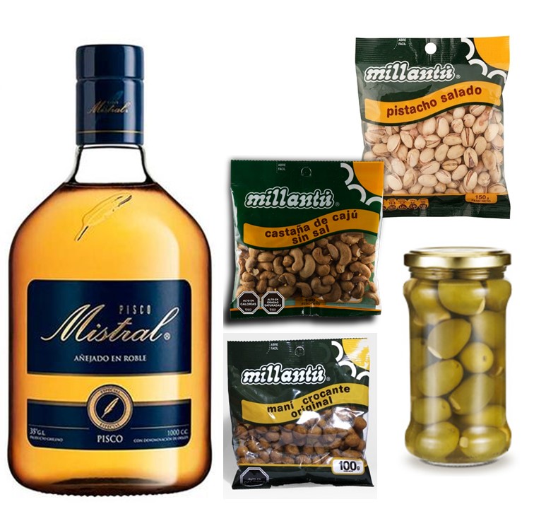 Pisco Mistral 750cc, Mani, Pistacho, Castaas y Aceitunas